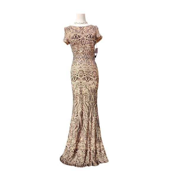NWT Betsy Adam Long Maxi Formal Gold Shimmer Sequin Wedding Gown Modest Dress 8 - Picture 2 of 9